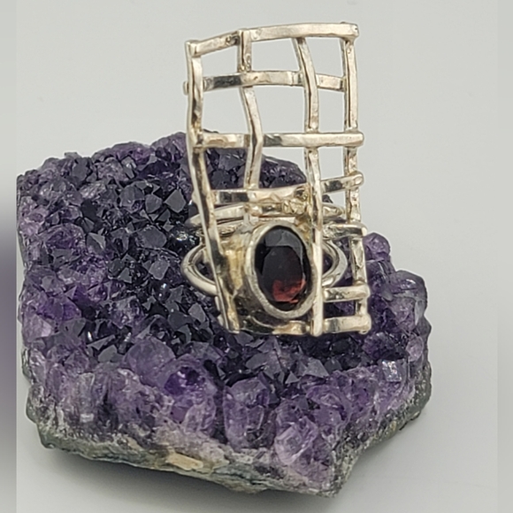 GARNET NET STATEMENT RING HANDMADE IN STERLING SILVER METAL 6 - Picture 5 of 7
